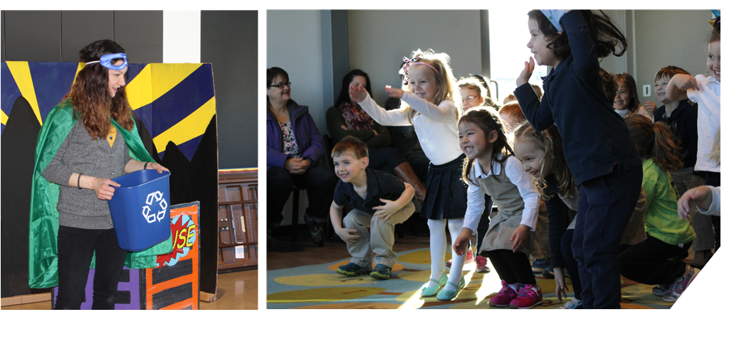 staff members dressed in a cape and holding a recycling bin while kids jump and dance