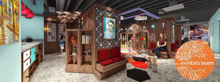 Rendering of a funky exhibit space with books, art and lots of seating